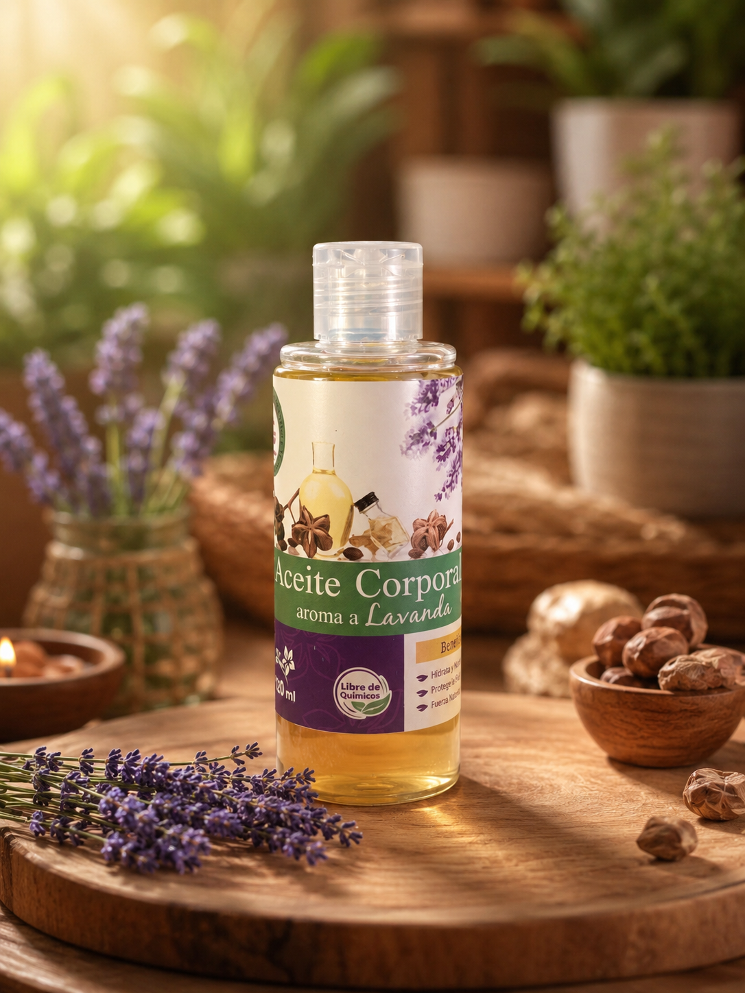 Botella de aceite corporal de sacha inchi con aroma a lavanda