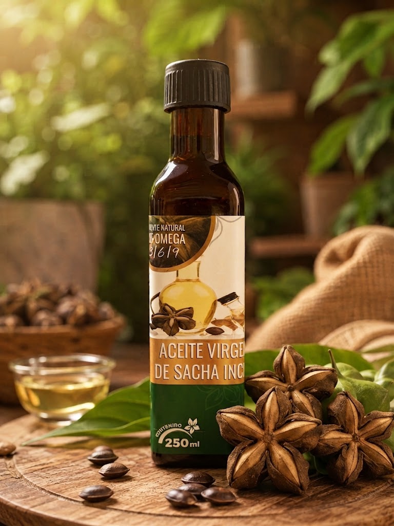 Botella de aceite virgen de sacha inchi de 250 mililitros