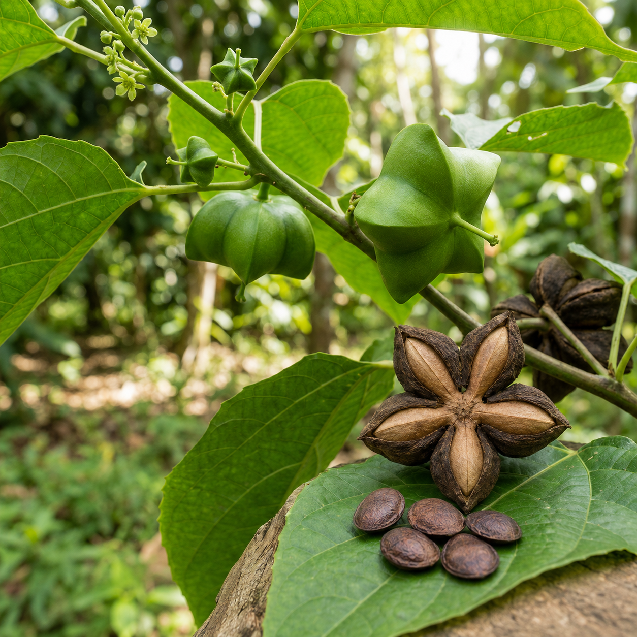 Fruto verde de sacha inchi creciendo en la planta